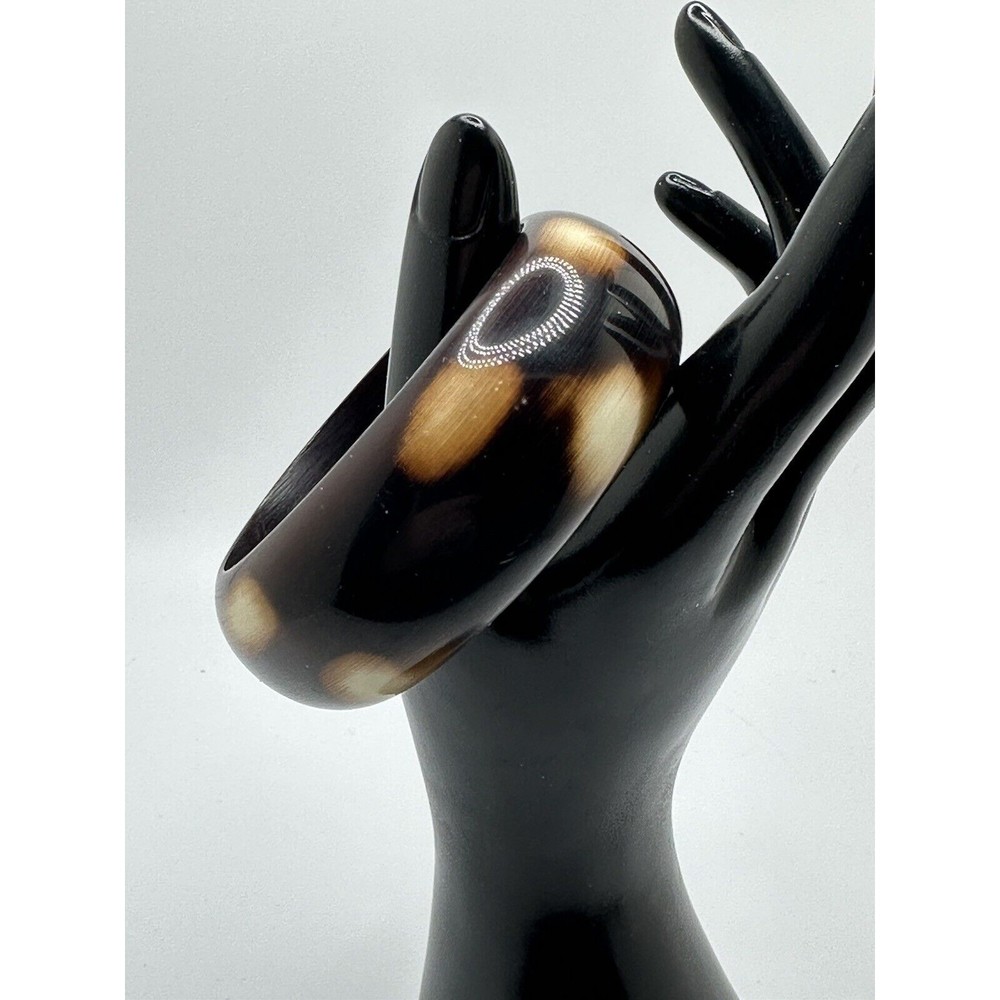 Vtg Lucite Plastic Bangle/Bracelet Brown w Cream faux Turtle Wide Bold Chunky
